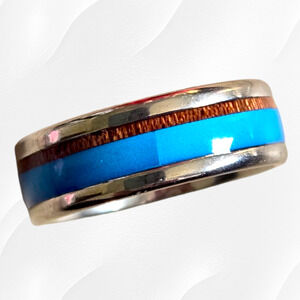 Turquoise Wood Pattern Band Inlay Stainless Steel Fashion Ring Size 11